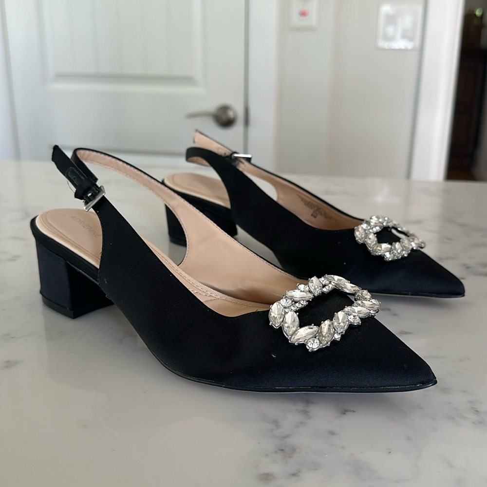 Block Heel Satin Shoes with Rhinestone Detail